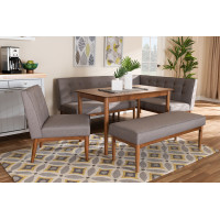 Baxton Studio BBT8051-Grey/Walnut-5PC Dining Nook Set Arvid Mid-Century Modern Gray Fabric Upholstered 5-Piece Wood Dining Nook Set